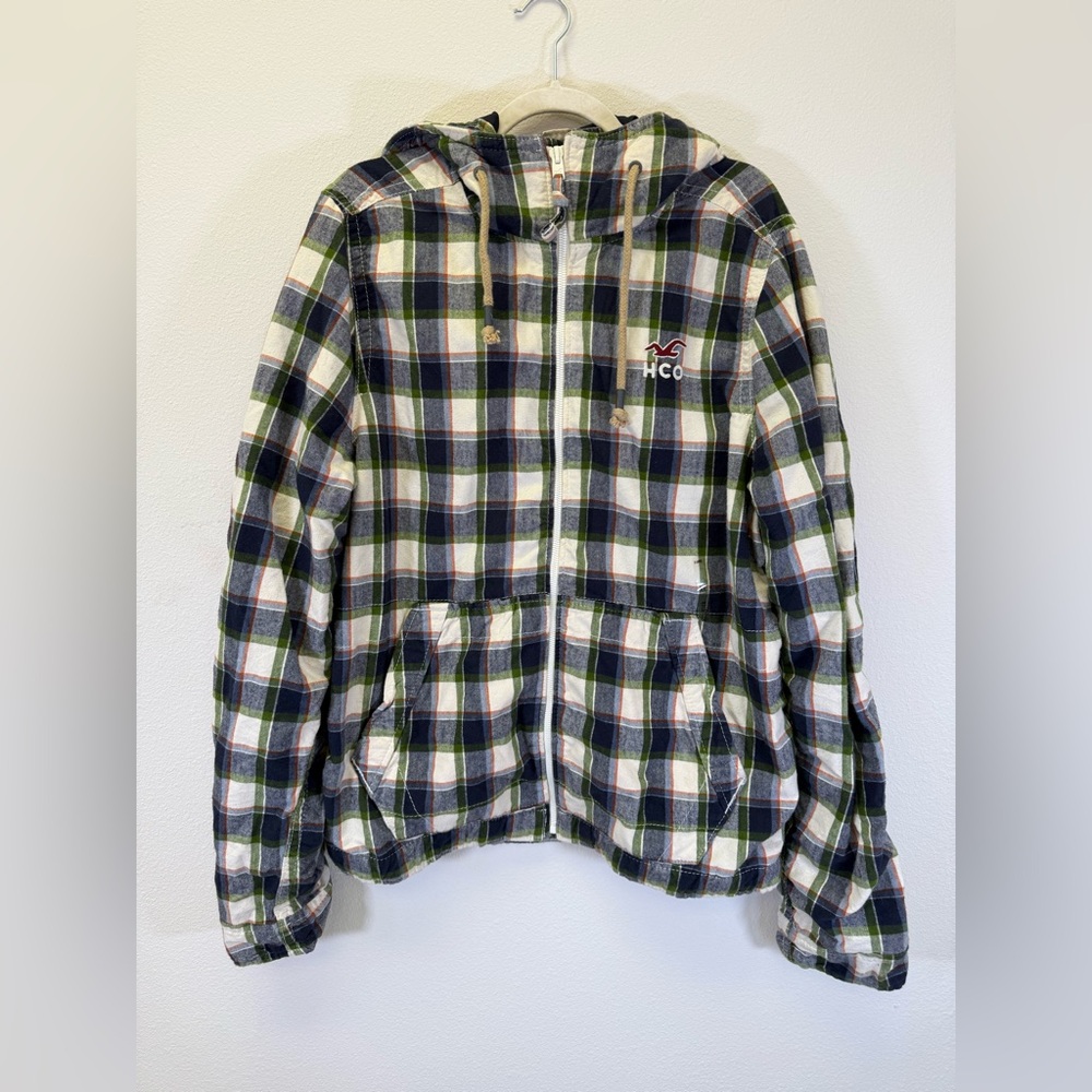 Hollister HCO Plaid Hooded Zip Jacket in Green, Navy & White Size XL Men’s